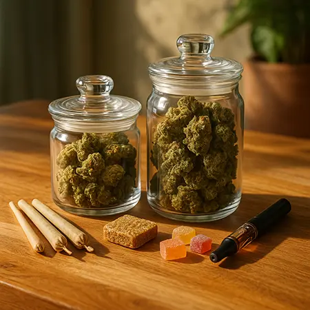 Glass jars of cannabis buds, pre-rolls, edibles, and a vape pen displayed on a sunlit wooden tabletop.