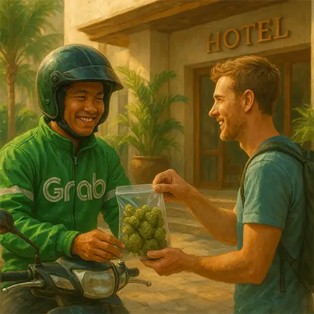 Friendly Grab motorbike delivery driver handing a plastic bag of cannabis buds to a tourist at a sunny hotel entrance in Thailand.