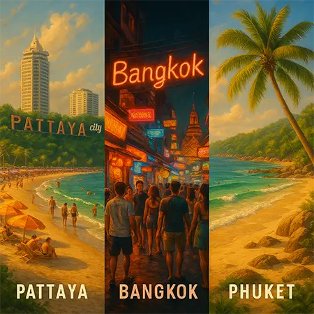 Colorful split-screen showing Pattaya beach, Bangkok city nightlife, and Phuket tropical coastline, representing cannabis delivery hotspots in Thailand.