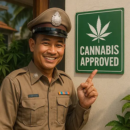 Smiling Thai police officer pointing at a cannabis approved sign outside a dispensary in Thailand.