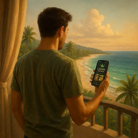 Tourist standing on a hotel balcony overlooking a tropical beach while using a cannabis delivery app on his smartphone.