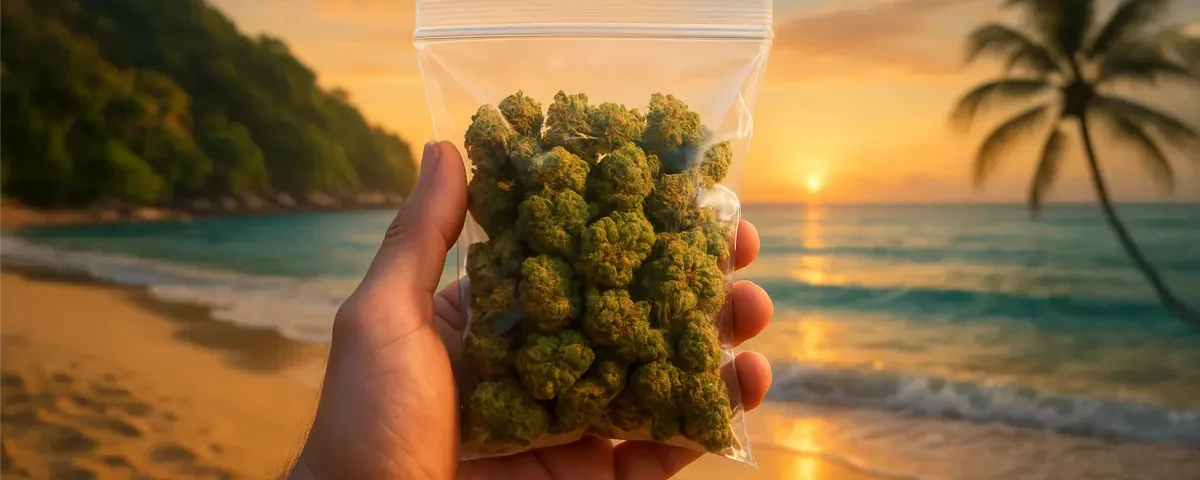 Hand holding a clear zip lock bag filled with cannabis buds on a tropical Thai beach at sunset.