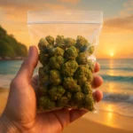 Hand holding a clear zip lock bag filled with cannabis buds on a tropical Thai beach at sunset.
