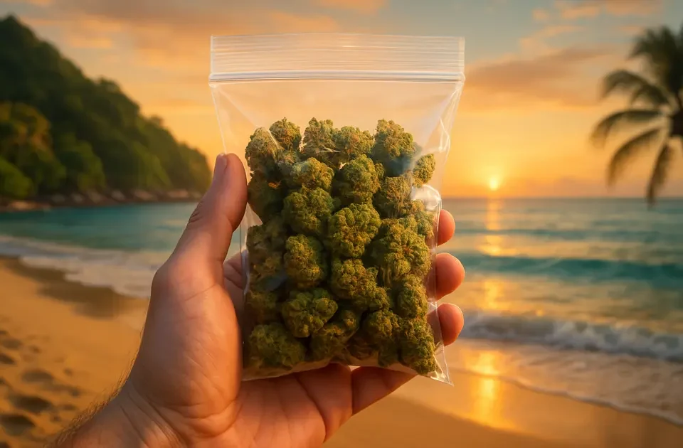 Hand holding a clear zip lock bag filled with cannabis buds on a tropical Thai beach at sunset.